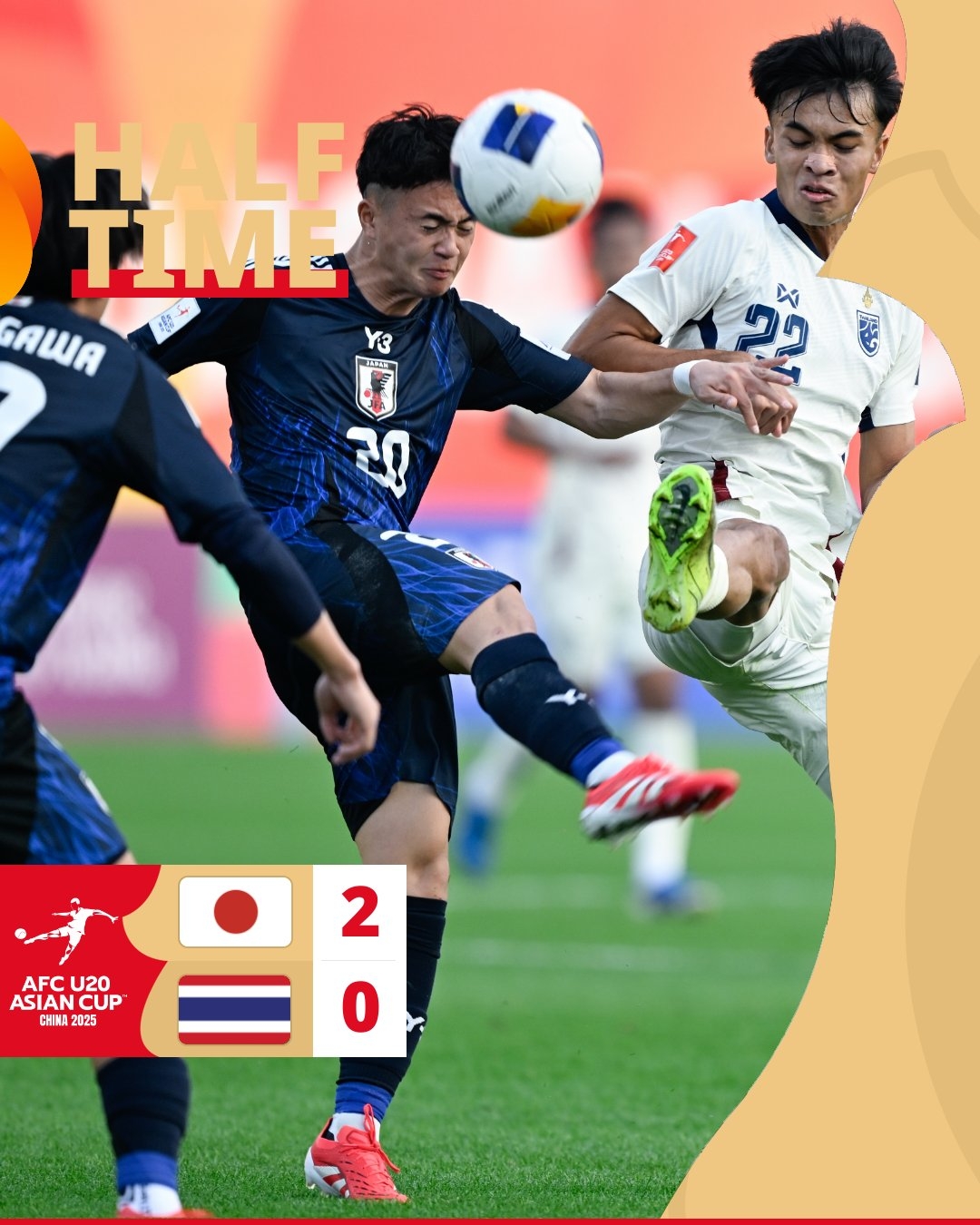  半場-日本U20 2-0領(lǐng)先泰國U20，石井久繼破門+中柱 泰國0射正