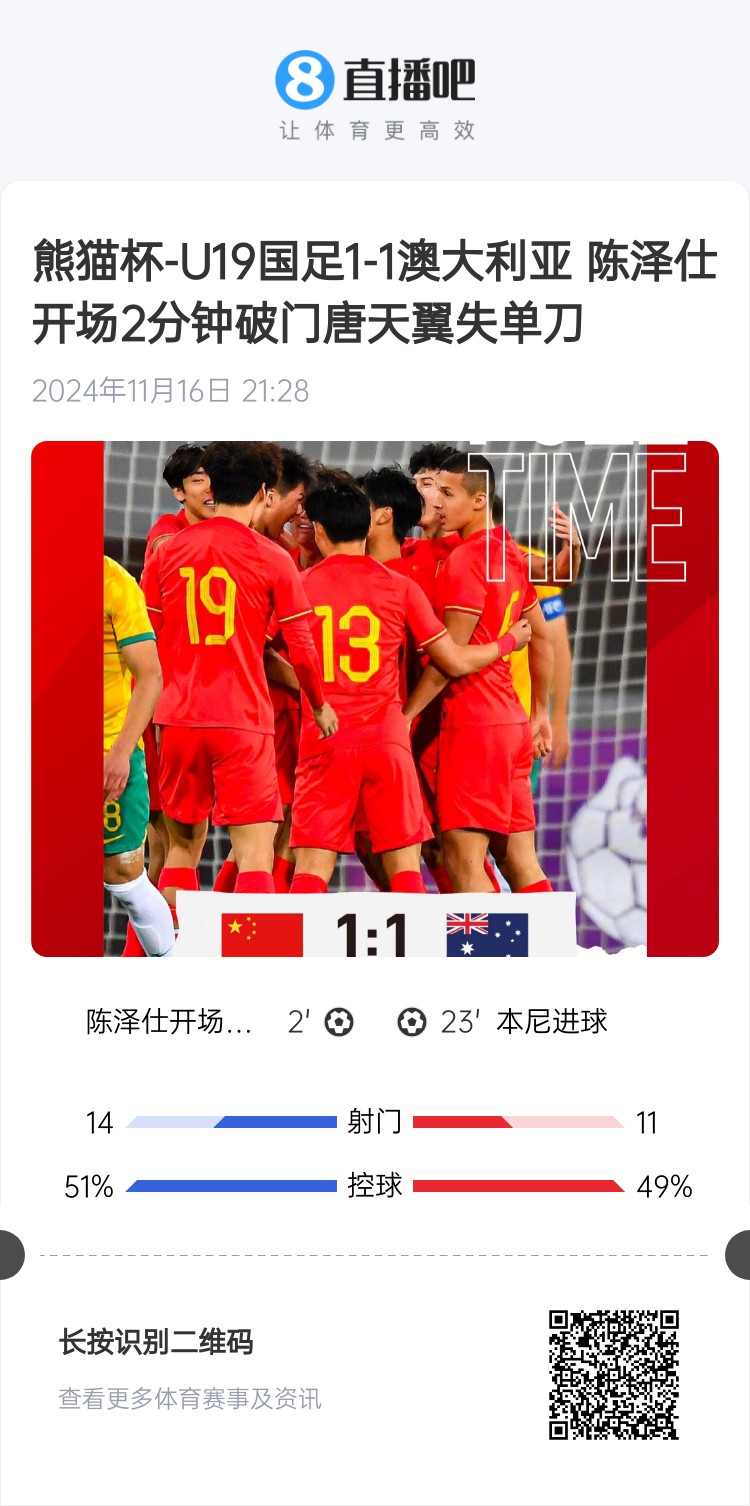  二番戰(zhàn)！U20國青與澳大利亞去年熊貓杯剛有過交手，雙方1-1戰(zhàn)平
