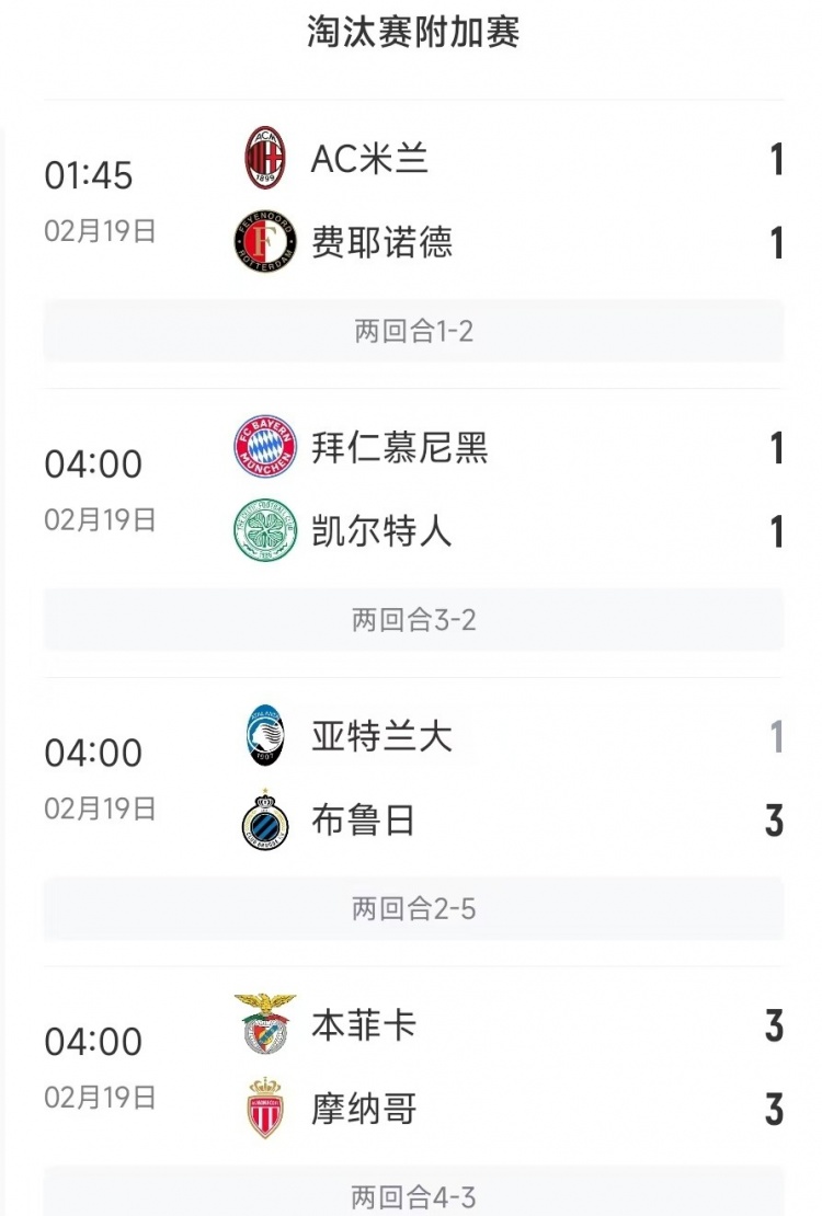  今日歐冠4支五大聯(lián)賽球隊3支遭淘汰，僅拜仁涉險過關