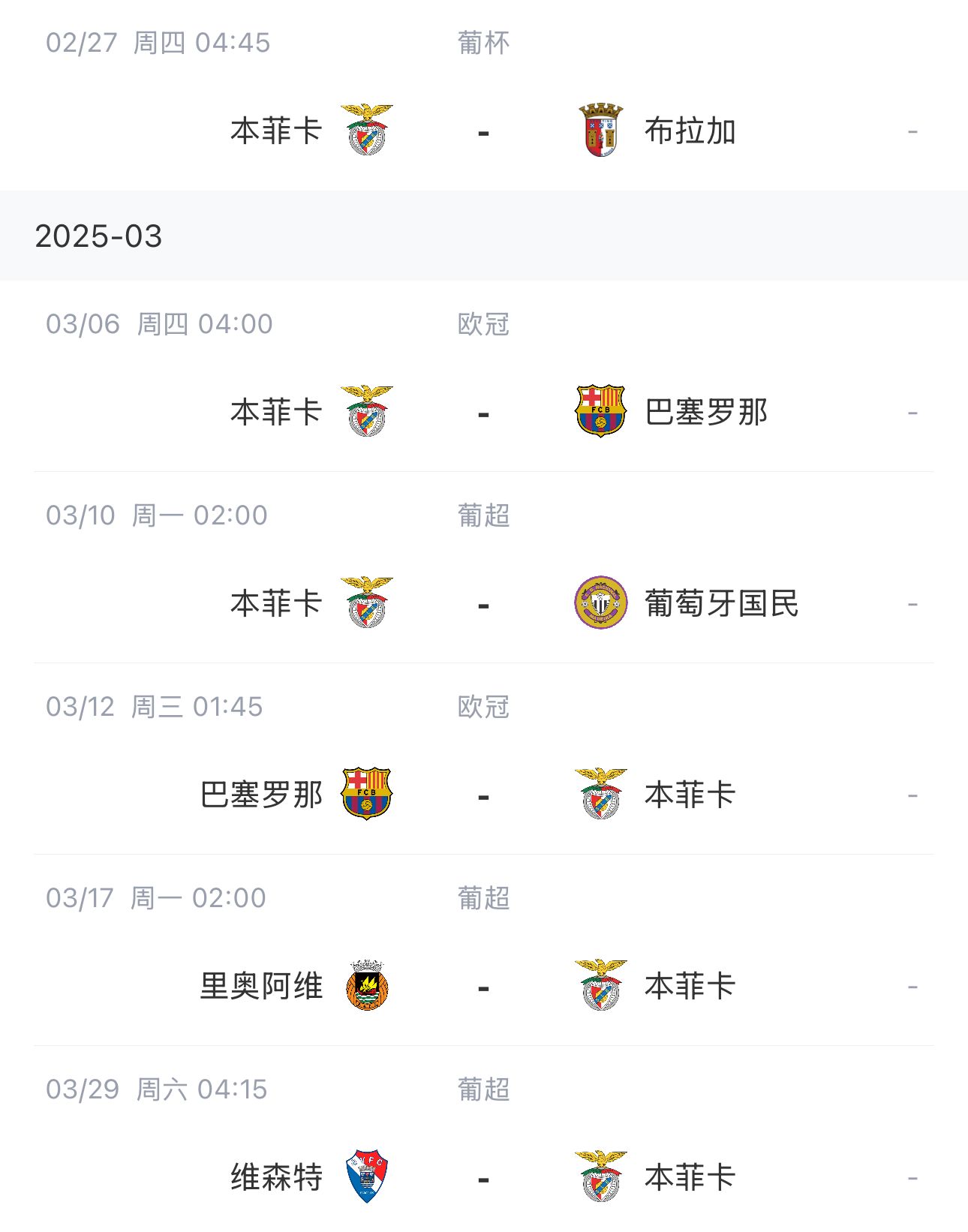  讓路歐冠！本菲卡戰(zhàn)巴薩首回合比賽前的葡超比賽推遲進(jìn)行