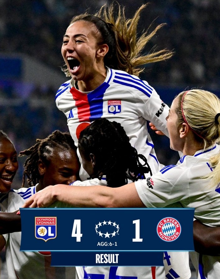  里昂女足4-1大勝拜仁女足，總比分6-1晉級(jí)女足歐冠半決賽